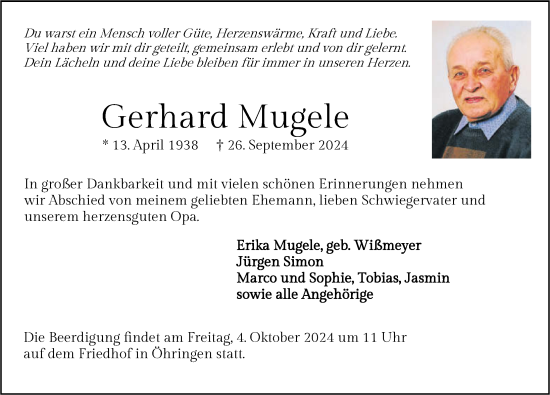 Traueranzeige von Gerhard Mugele von GESAMT