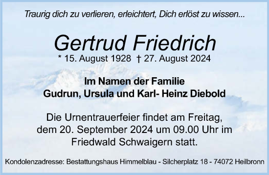 Traueranzeige von Gertrud Friedrich von GESAMT