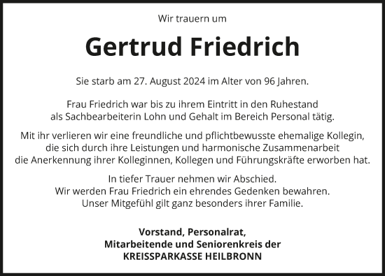 Traueranzeige von Gertrud Friedrich von GESAMT