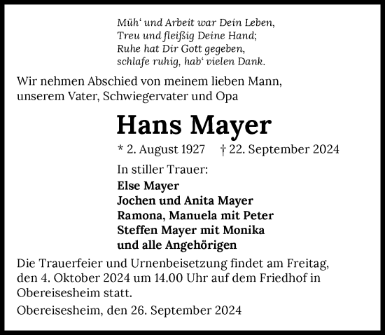 Traueranzeige von Hans Mayer von GESAMT