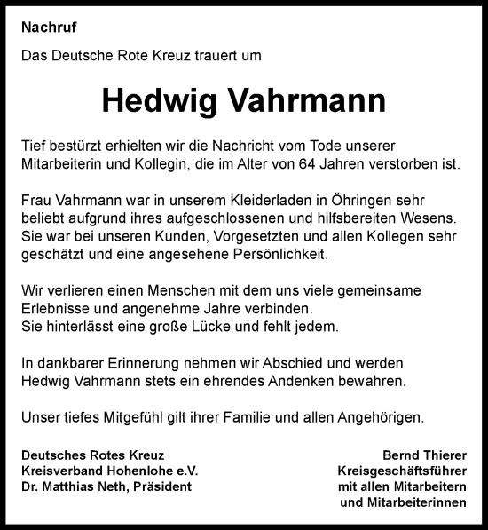 Traueranzeige von Hedwig Vahrmann von GESAMT