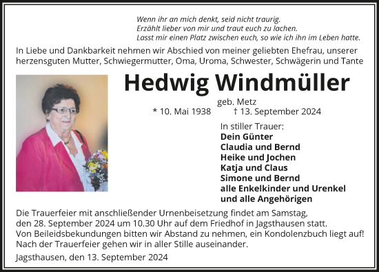 Traueranzeige von Hedwig Windmüller von GESAMT