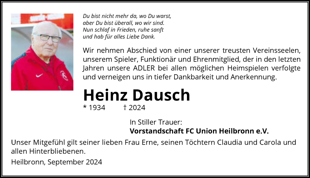  Traueranzeige für Heinz Dausch vom 12.09.2024 aus GESAMT