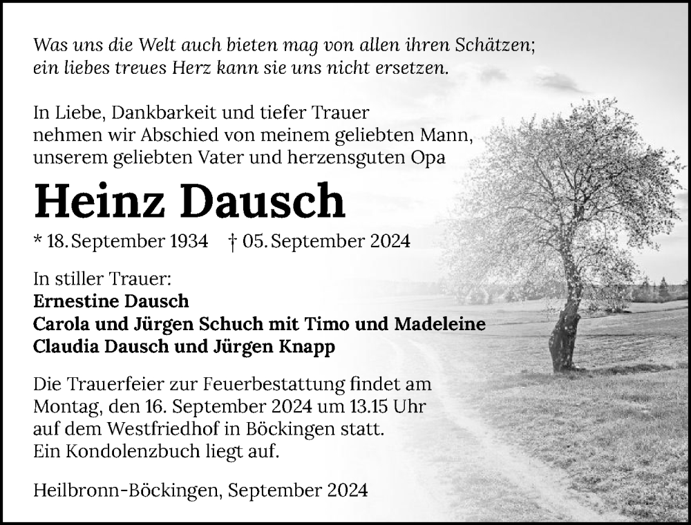  Traueranzeige für Heinz Dausch vom 11.09.2024 aus GESAMT