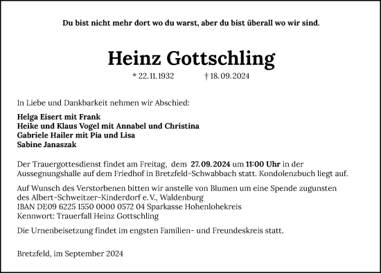 Traueranzeige von Heinz Gottschling von GESAMT