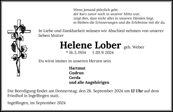 Traueranzeige von Helene Lober von GESAMT