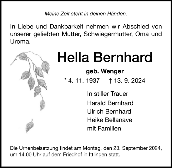 Traueranzeige von Hella Bernhard von GESAMT