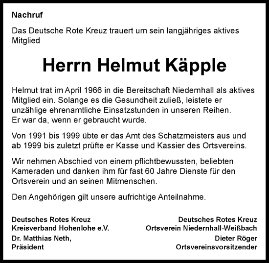 Traueranzeige von Helmut Käpple von GESAMT