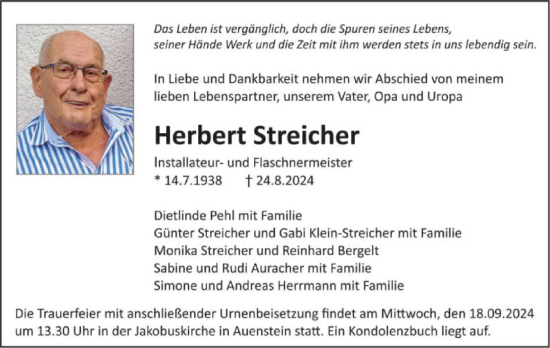 Traueranzeige von Herbert Streicher von GESAMT