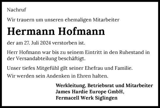 Traueranzeige von Hermann Hofmann von GESAMT