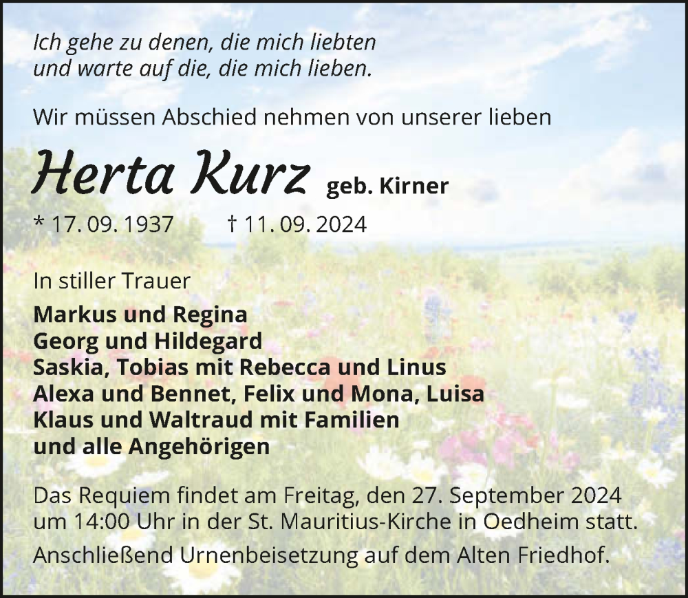  Traueranzeige für Herta Kurz vom 14.09.2024 aus GESAMT