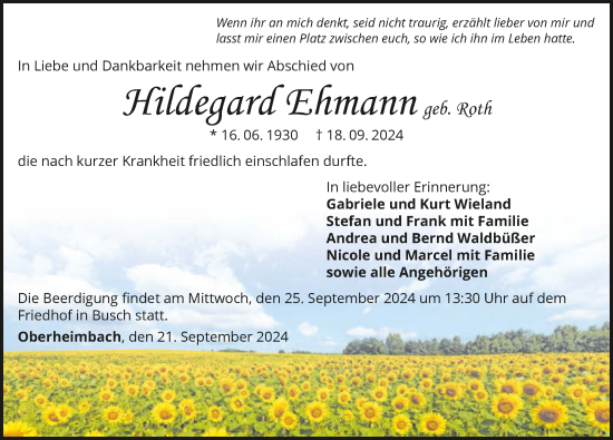 Traueranzeige von Hildegard Ehmann von GESAMT