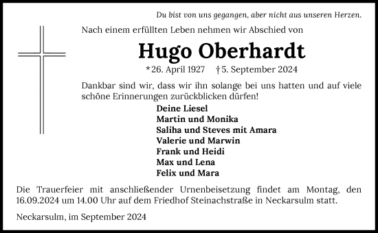 Traueranzeige von Hugo Oberhardt von GESAMT