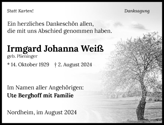 Traueranzeige von Irmgard Johanna Weiß von GESAMT