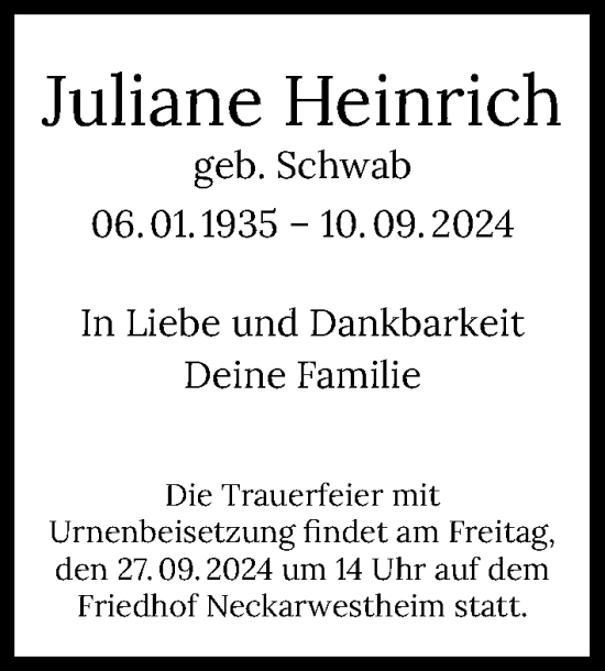 Traueranzeige von Juliane Heinrich von GESAMT