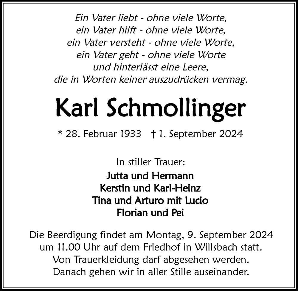  Traueranzeige für Karl Schmollinger vom 06.09.2024 aus GESAMT