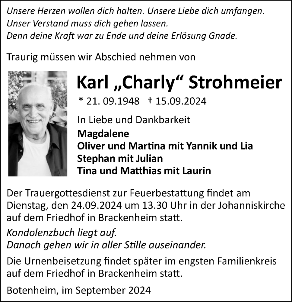  Traueranzeige für Karl Strohmeier vom 21.09.2024 aus GESAMT