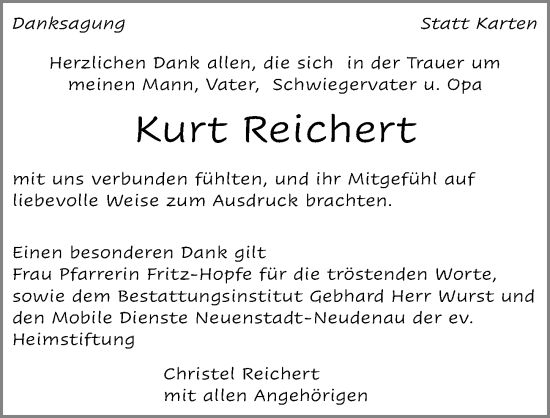 Traueranzeige von Kurt Reichert