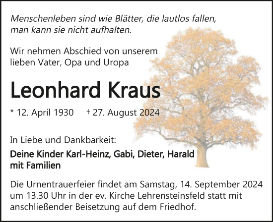 Traueranzeige von Leonhard Kraus von GESAMT