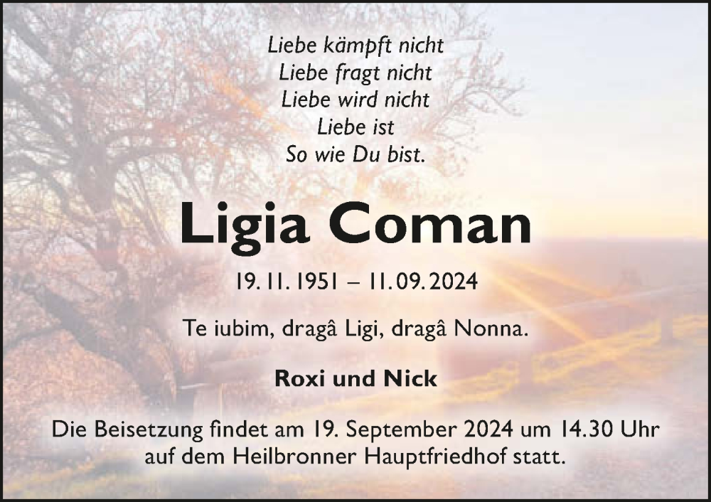  Traueranzeige für Ligia Coman vom 14.09.2024 aus GESAMT