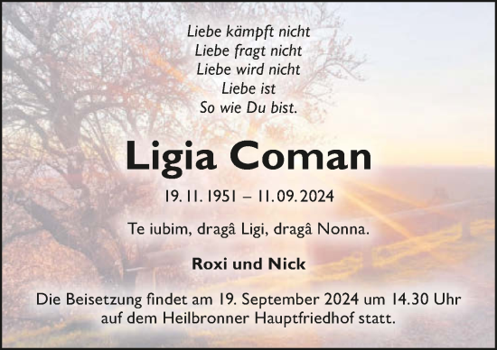 Traueranzeige von Ligia Coman von GESAMT