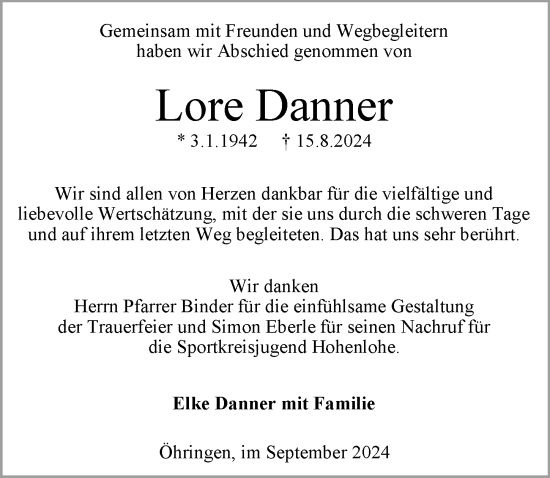 Traueranzeige von Lore Danner von GESAMT