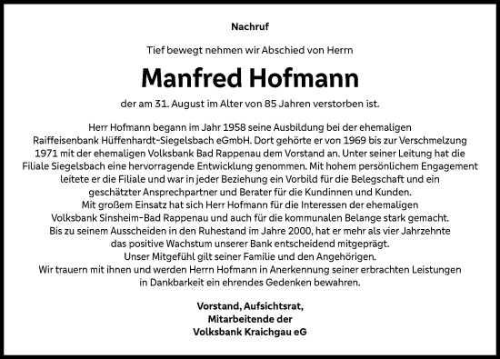 Traueranzeige von Manfred Hofmann von GESAMT