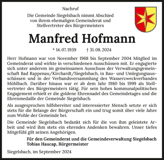 Traueranzeige von Manfred Hofmann von GESAMT