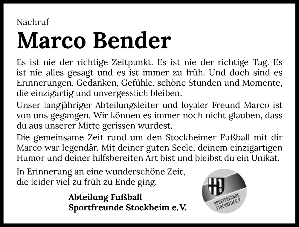  Traueranzeige für Marco Bender vom 10.09.2024 aus GESAMT