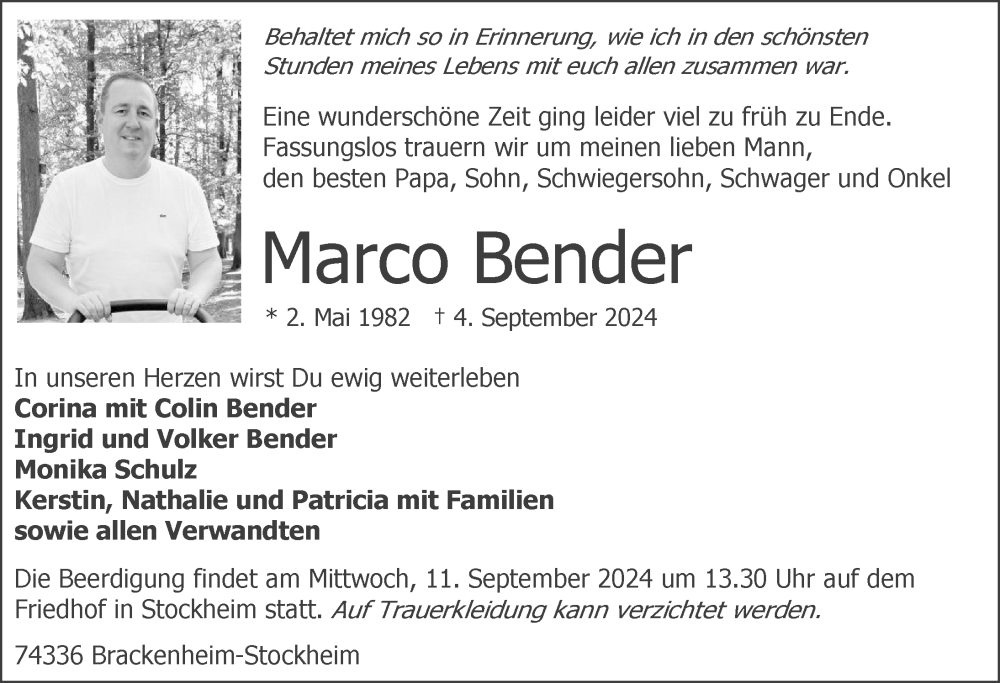  Traueranzeige für Marco Bender vom 07.09.2024 aus GESAMT