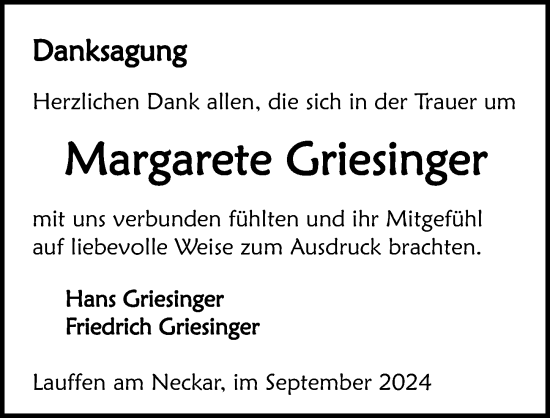 Traueranzeige von Margarete Griesinger von GESAMT