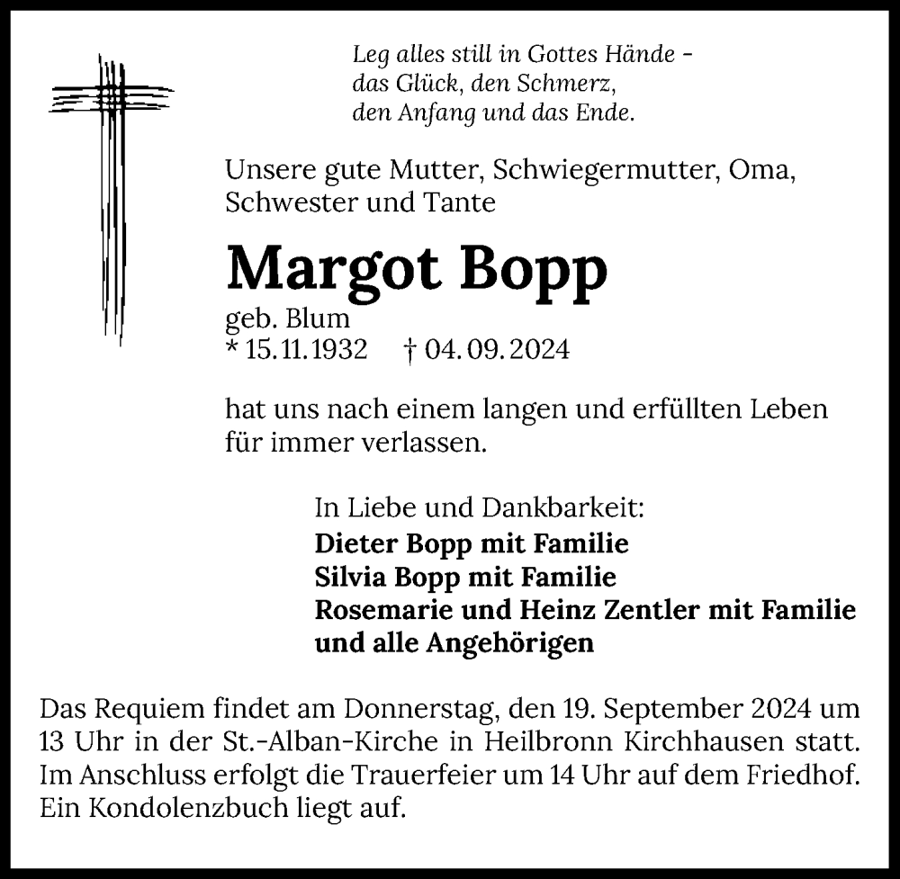  Traueranzeige für Margot Bopp vom 14.09.2024 aus GESAMT