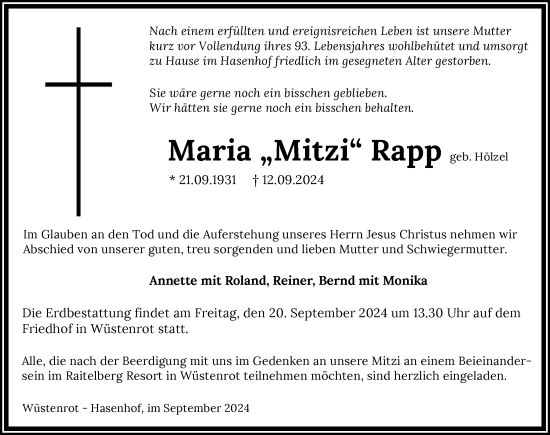 Traueranzeige von Maria Rapp von GESAMT