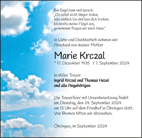 Traueranzeige von Marie Krczal von GESAMT