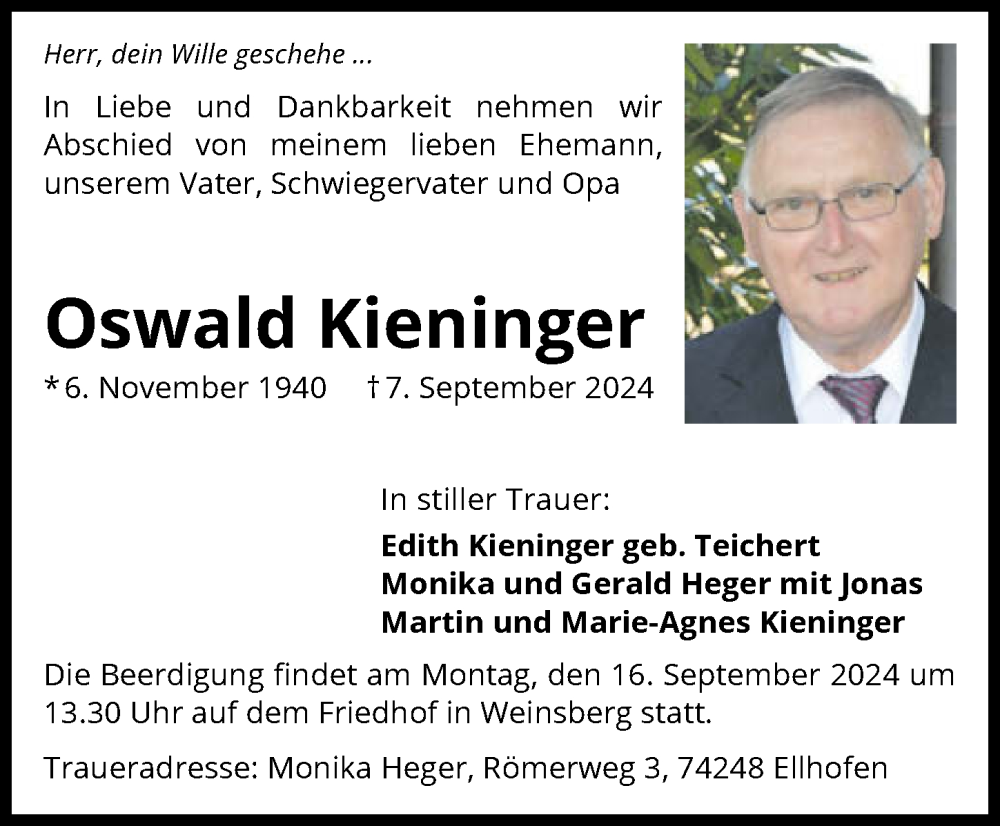  Traueranzeige für Oswald Kieninger vom 14.09.2024 aus GESAMT