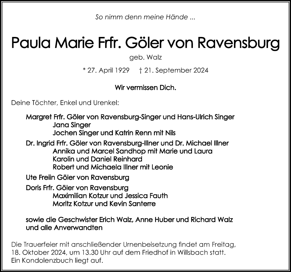  Traueranzeige für Paula Marie Frfr. Göler von Ravensburg vom 28.09.2024 aus GESAMT