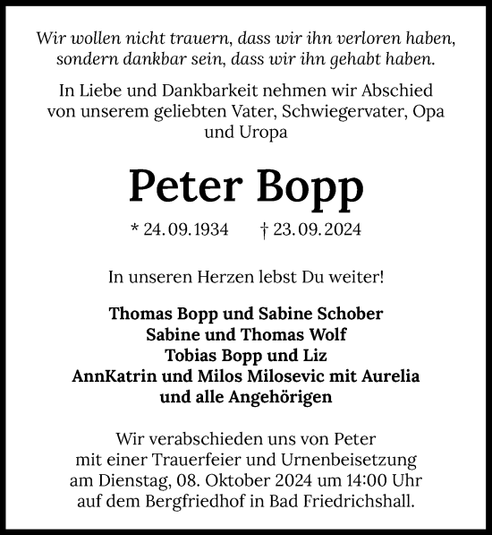 Traueranzeige von Peter Bopp von GESAMT