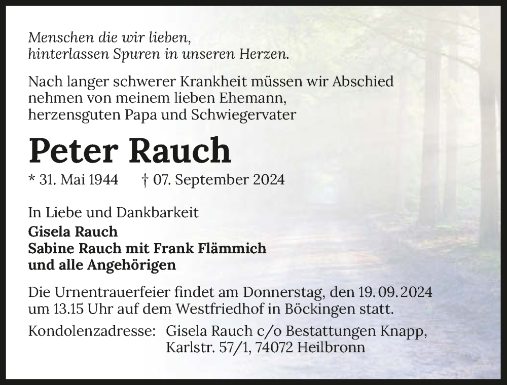  Traueranzeige für Peter Rauch vom 14.09.2024 aus GESAMT