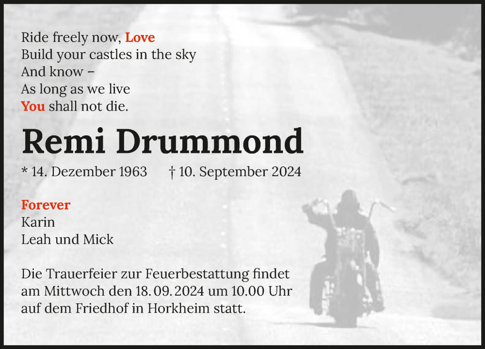  Traueranzeige für Remi Drummond vom 14.09.2024 aus GESAMT