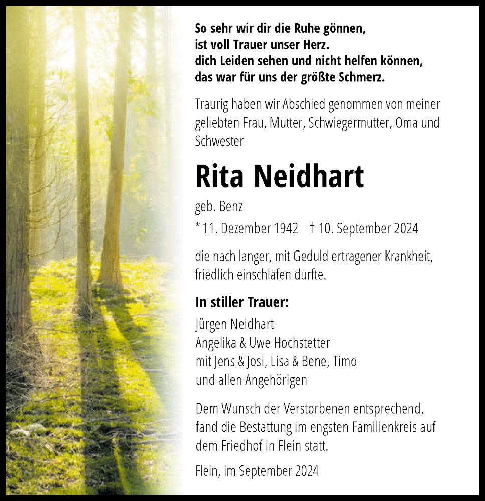  Traueranzeige für Rita Neidhart vom 21.09.2024 aus GESAMT