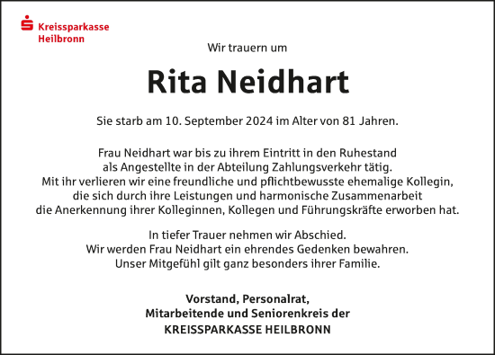 Traueranzeige von Rita Neidhart von GESAMT