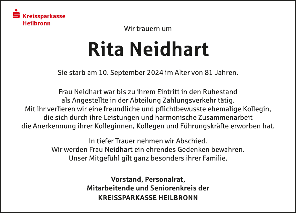  Traueranzeige für Rita Neidhart vom 21.09.2024 aus GESAMT