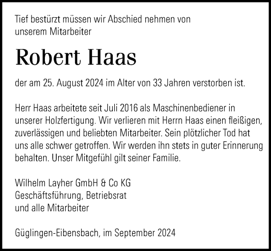 Traueranzeige von Robert Haas von GESAMT