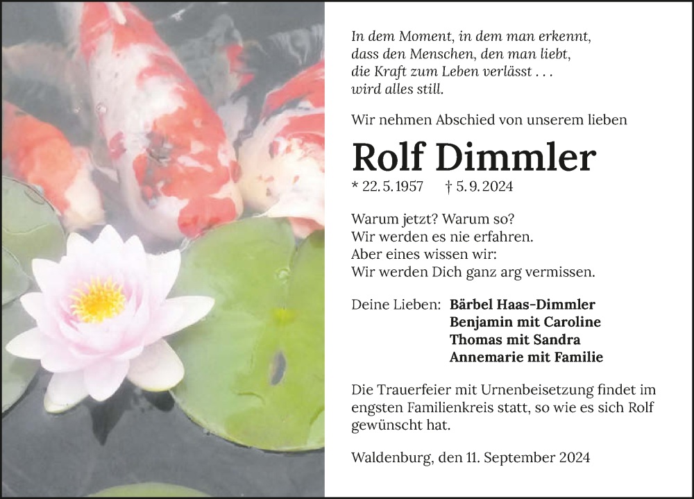  Traueranzeige für Rolf Dimmler vom 11.09.2024 aus GESAMT