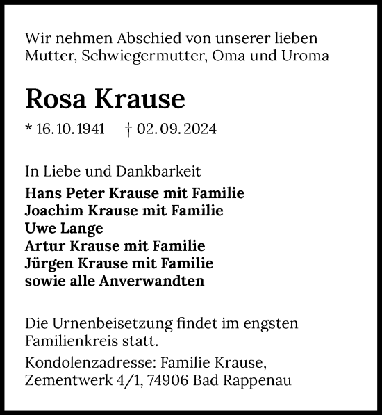 Traueranzeige von Rosa Krause von GESAMT