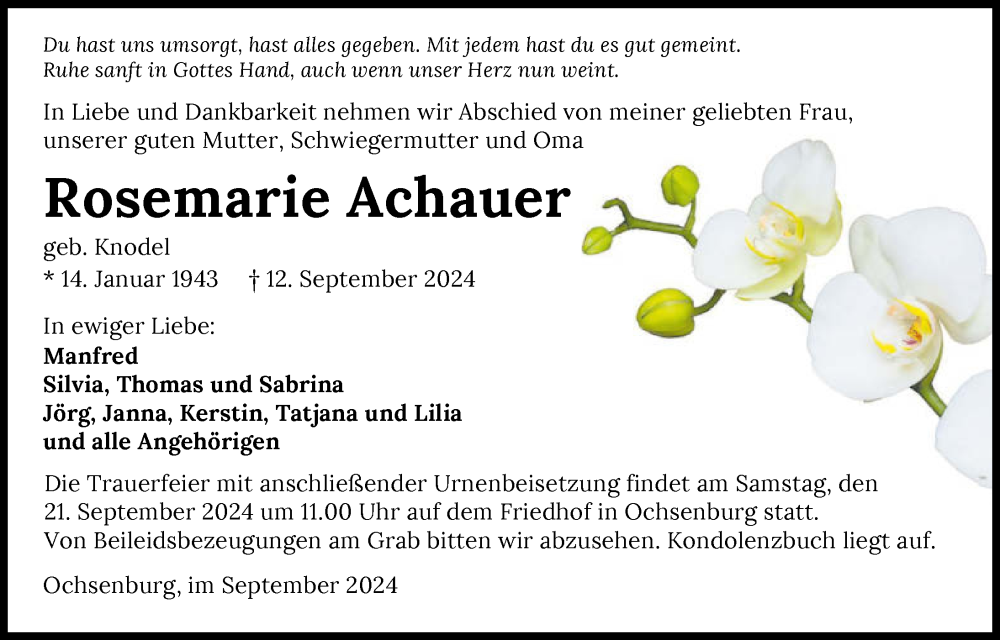  Traueranzeige für Rosemarie Achauer vom 19.09.2024 aus GESAMT