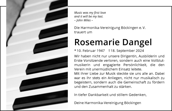 Traueranzeige von Rosemarie Dangel von GESAMT