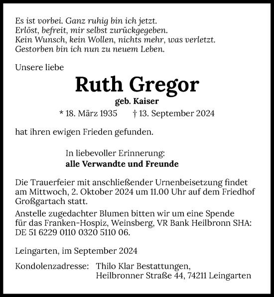 Traueranzeige von Ruth Gregor von GESAMT