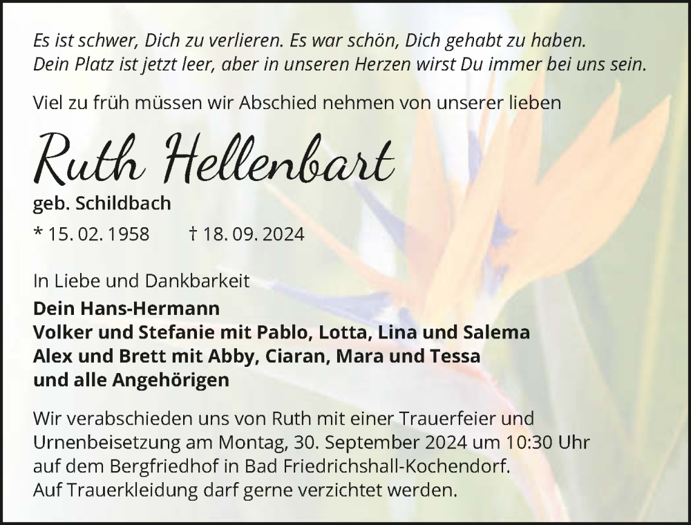  Traueranzeige für Ruth Hellenbart vom 21.09.2024 aus GESAMT