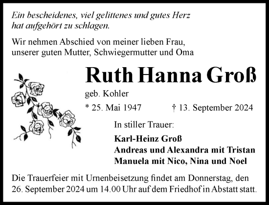 Traueranzeige von Ruth Hanna Groß von GESAMT